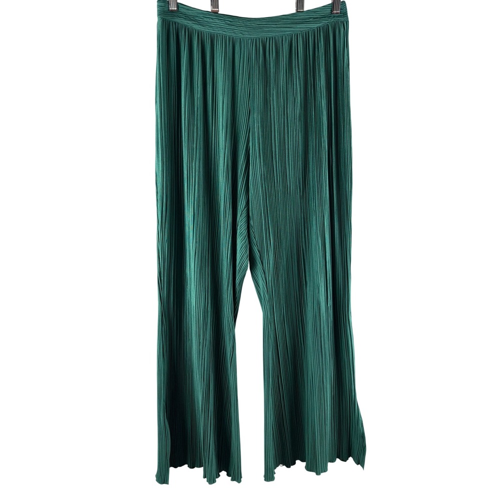 MESHKI Emerald Green Micro Pleated Wide Leg High Rise Pants L Flowy